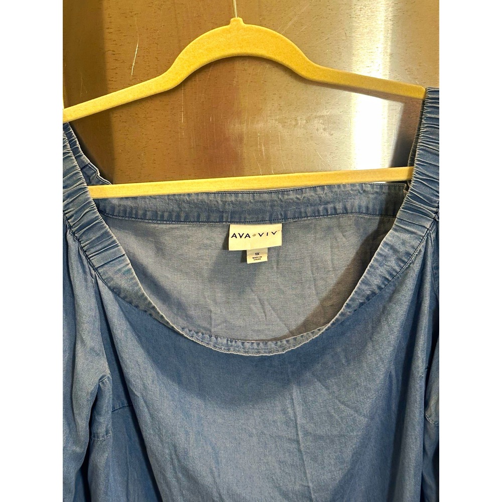 Ava & Viv Blue Chambray Lyocell Scoop Neck Tie Sleeve Pullover Blouse 1X pumpkin